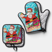 クリスマスサンタビーチバムオーブンミット&ポットホルダー 鍋つかみ&鍋敷きセット (正面/裏面)