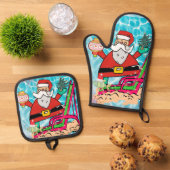 クリスマスサンタビーチバムオーブンミット&ポットホルダー 鍋つかみ&鍋敷きセット (トップダウン)