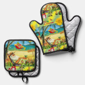 クリスマスサンタビーチバムミット&ポットホルダーズオーヴ 鍋つかみ&鍋敷きセット (正面/裏面)