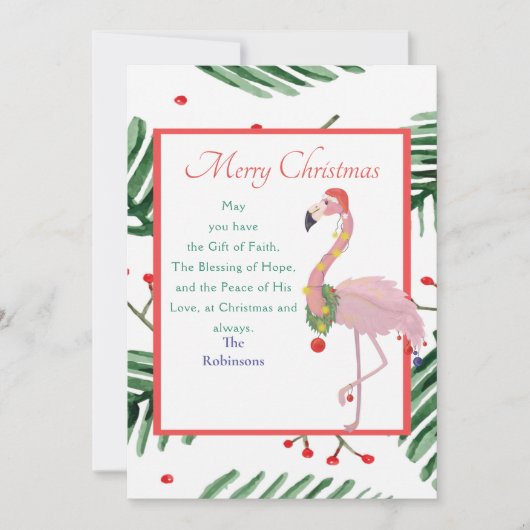 クリスマスサンタピンクフラミンゴグリーンクリスマスリース シーズンカード (正面)