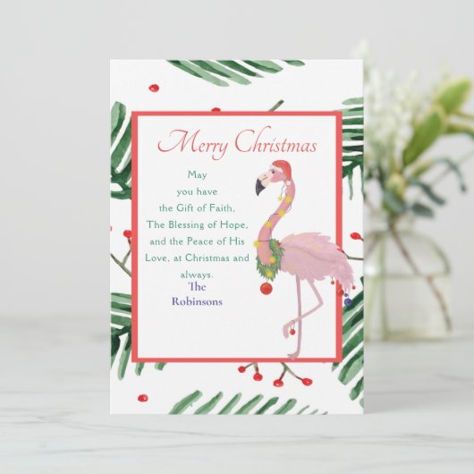 クリスマスサンタピンクフラミンゴグリーンクリスマスリース シーズンカード (スタンド正面)