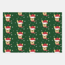 クリスマスサンタフランスのブルドッグスノーフレーク ラッピングペーパーシート