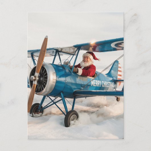 クリスマスサンタブルー二面飛行機&フォトおもしろい ポストカード (正面)