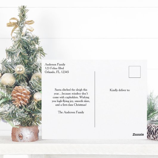 クリスマスサンタブルー二面飛行機&フォトおもしろい ポストカード