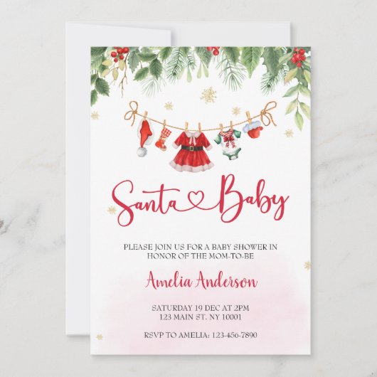 クリスマスサンタベビーガール服ベビーシャワー 招待状 (正面)
