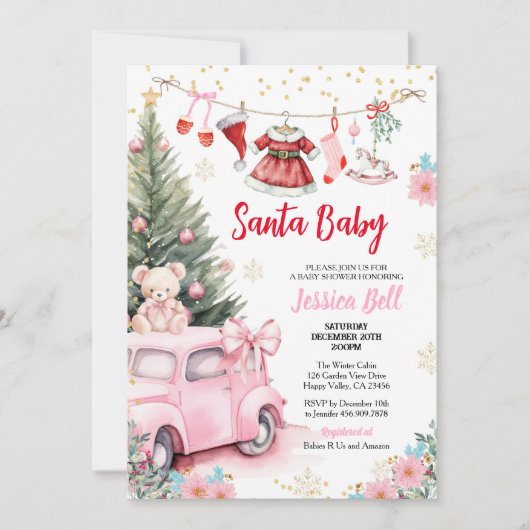 クリスマスサンタベビーシャワーガールレッドピンクかわいい 招待状 (正面)