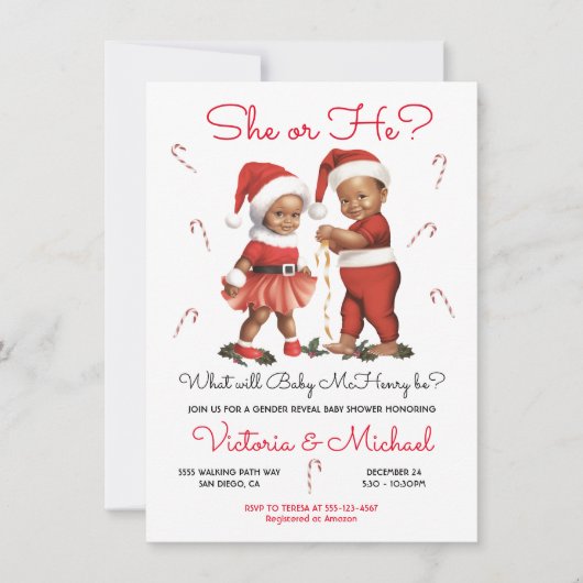 クリスマスサンタベビージェンダーが赤ちゃんシャワーを明かす 招待状 (正面)