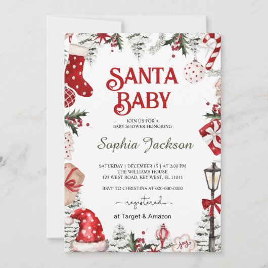 クリスマスサンタベビー冬のベビーシャワー 招待状 (正面)