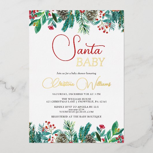 クリスマスサンタベビー男女中立ベビーシャワー 箔招待状 (正面)