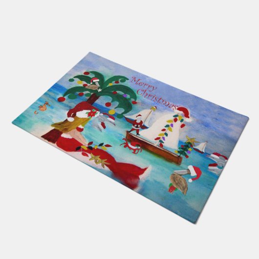 クリスマスサンタマーメイド沿岸のボートのパレードの扉 ドアマット (アングル)