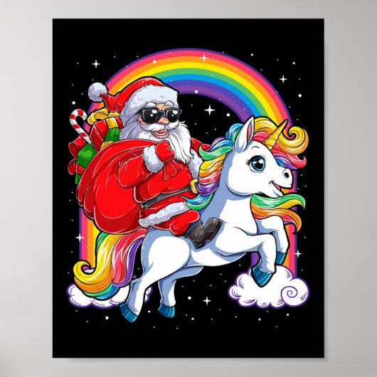 クリスマスサンタライディングユニコーンクリスマスガールズウィメンズラ ポスター (正面)
