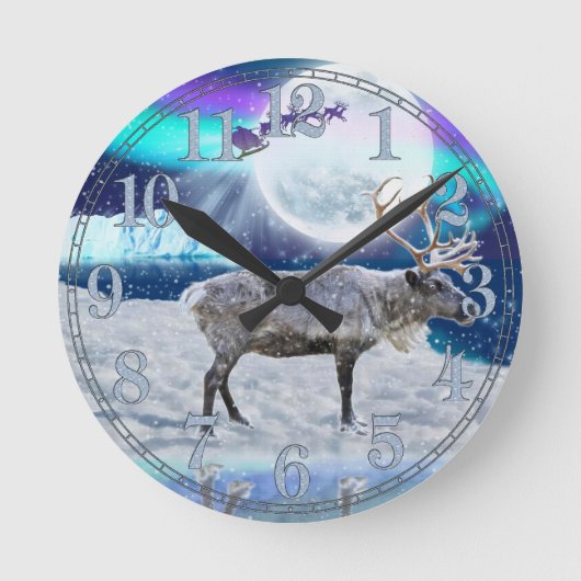 クリスマスサンタ及びトナカイのファンタジーの芸術のギフト ラウンド壁時計 (正面)