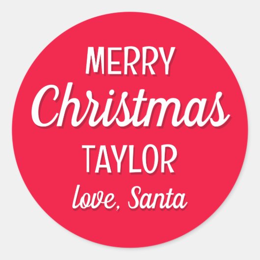 クリスマスサンタ名前をカスタムするタイポグラフィレッド ラウンドシール (正面)