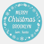 クリスマスサンタ名前をカスタムするティール(緑がかった色) ラウンドシール (正面)