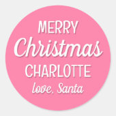 クリスマスサンタ名前をカスタムするピンクスモール ラウンドシール (正面)