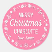 クリスマスサンタ名前をカスタムするピンク ラウンドシール (正面)