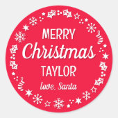 クリスマスサンタ名前をカスタムするレッド ラウンドシール (正面)