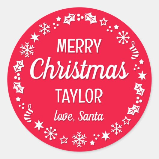 クリスマスサンタ名前をカスタムするレッド ラウンドシール (正面)