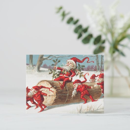 クリスマスサンタ小人がログホリデーで滑る シーズンポストカード (スタンド正面)