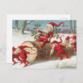 クリスマスサンタ小人がログホリデーで滑る シーズンポストカード (正面/裏面)