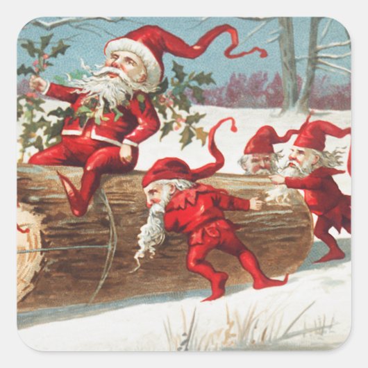 クリスマスサンタ小人がログホリデーで滑る スクエアシール (正面)