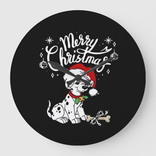クリスマスサンタ帽子のダルメシアン子犬 Xmas ラージ壁時計 (正面)