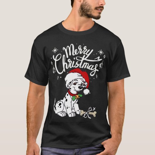 クリスマスサンタ帽子のダルメシアン子犬 Xmas Tシャツ (正面)
