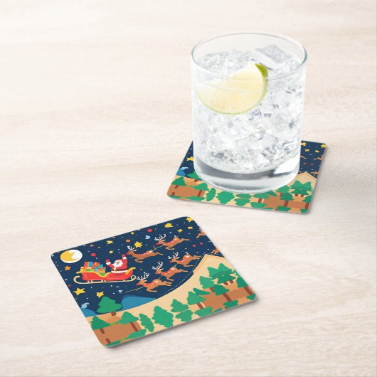 クリスマスサンタ来トナカイの町 スクエアペーパーコースター (インサイチュ)
