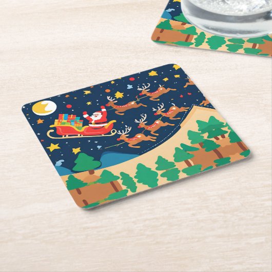 クリスマスサンタ来トナカイの町 スクエアペーパーコースター (アングル)