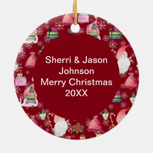 クリスマスサンタ格言&レッドパターン名&日付 セラミックオーナメント (裏面)