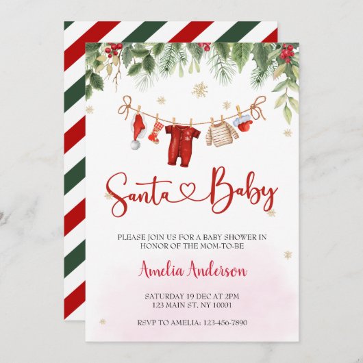 クリスマスサンタ男の赤ちゃん冬のベビーシャワー 招待状 (正面/裏面)