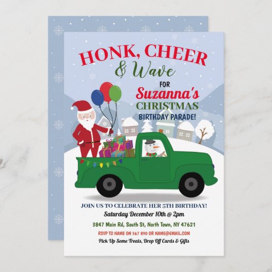 クリスマスサンタ誕生日グリーン小妖精や小人パーティーパレード 招待状 (正面/裏面)