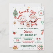 クリスマスサンタ雪だるまスウィートワン誕生日 招待状 (正面)