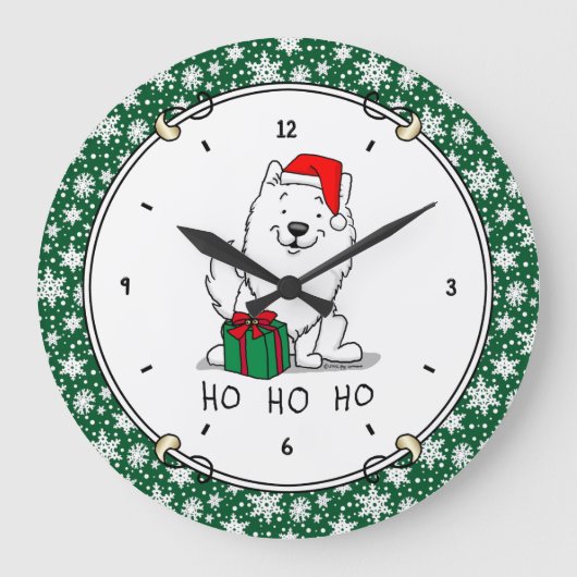 クリスマスサンタ・アメリカンのエスキモー犬HO HO HO CUTE ラージ壁時計 (正面)