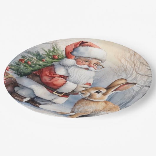 クリスマスサンタ&バニー自然イラストレーション ペーパープレート (アングル)