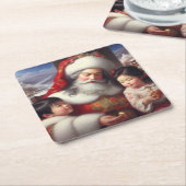 クリスマスサンタ（子供付き） 5 スクエアペーパーコースター (アングル)