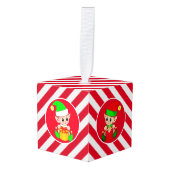クリスマスサンタ&小人オンレッド&ホワイトストライプの キューブオーナメント (正面アングル)