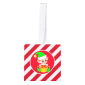 クリスマスサンタ&小人オンレッド&ホワイトストライプの キューブオーナメント (正面)