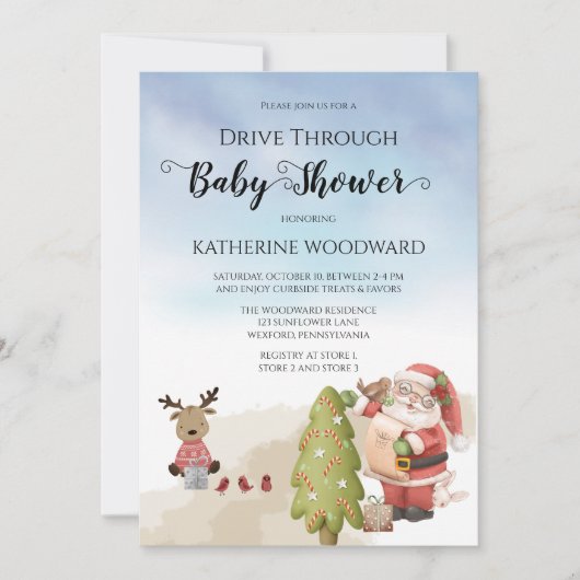 クリスマスサンタ |赤ちゃんシャワーを介してトナカイ駆動 招待状 (正面)