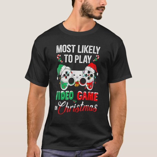 クリスマスサン遊タでビデオゲームをする可能性が最も高い Tシャツ (正面)