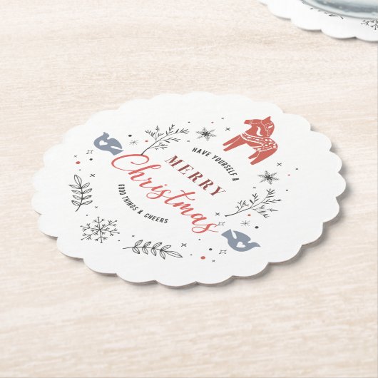 クリスマスサークルオーナメントタイポグラフィ&動物 ペーパーコースター (アングル)