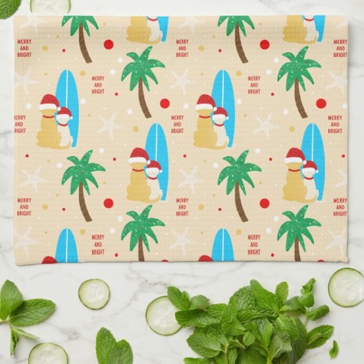 クリスマスサーフィンサンタドッグズキッチンタオル キッチンタオル (折り畳み)