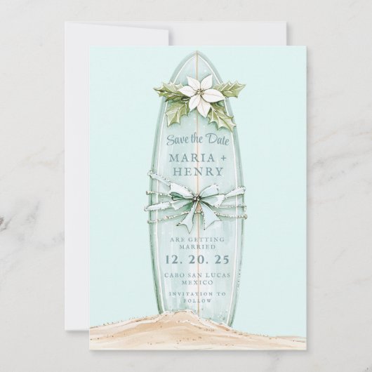 クリスマスサーフボード | 冬のビーチ日付の保存 セーブザデート (正面)