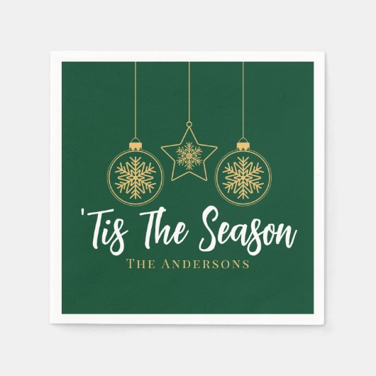 クリスマスザシーズングリーン金ゴールド、ホワイトファミリー スタンダードカクテルナプキン (正面)