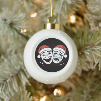 クリスマスシアターのマスク コメディ・トラジェディ・サンタハット セラミックボールオーナメント
