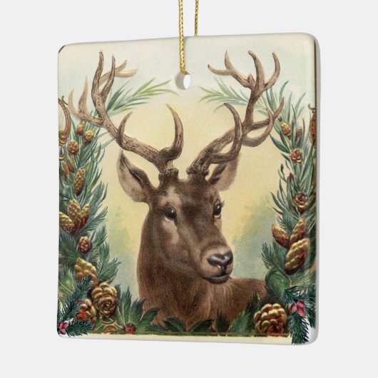 クリスマスシカ、松のコーン冠、赤い緑の宝石 セラミックオーナメント (左)