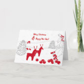 クリスマスシカ、赤い手で柊と松の円錐を描く シーズンカード (正面)