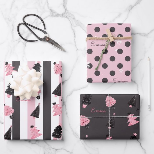 クリスマスシックピンクグレーモダン名前をカスタムする ラッピングペーパーシート (正面)