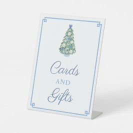 クリスマスシノワズリーブルーの白いカードとギフト 台座サイン