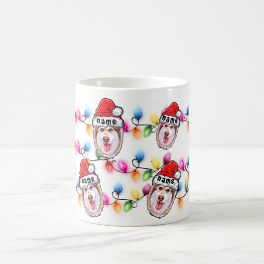 クリスマスシベリアのハスキー頭サンタハットドッグ恋人 コーヒーマグカップ (中央)